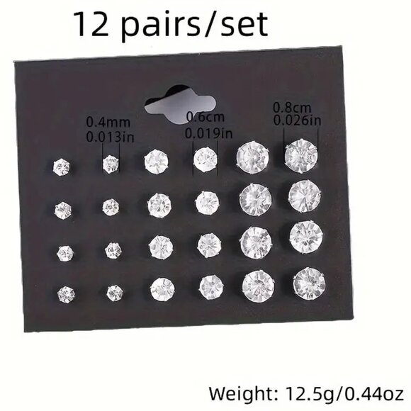 NWT 12-Pair Cubic Zirconia Stud Earrings Set Hypoallergenic Silver Plated - Picture 3 of 3